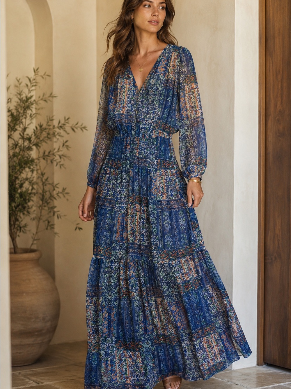 Ramy Brook Patchwork Paisley Cobalt Blue Long Sleeve Maxi Dress Flowy Wedding M